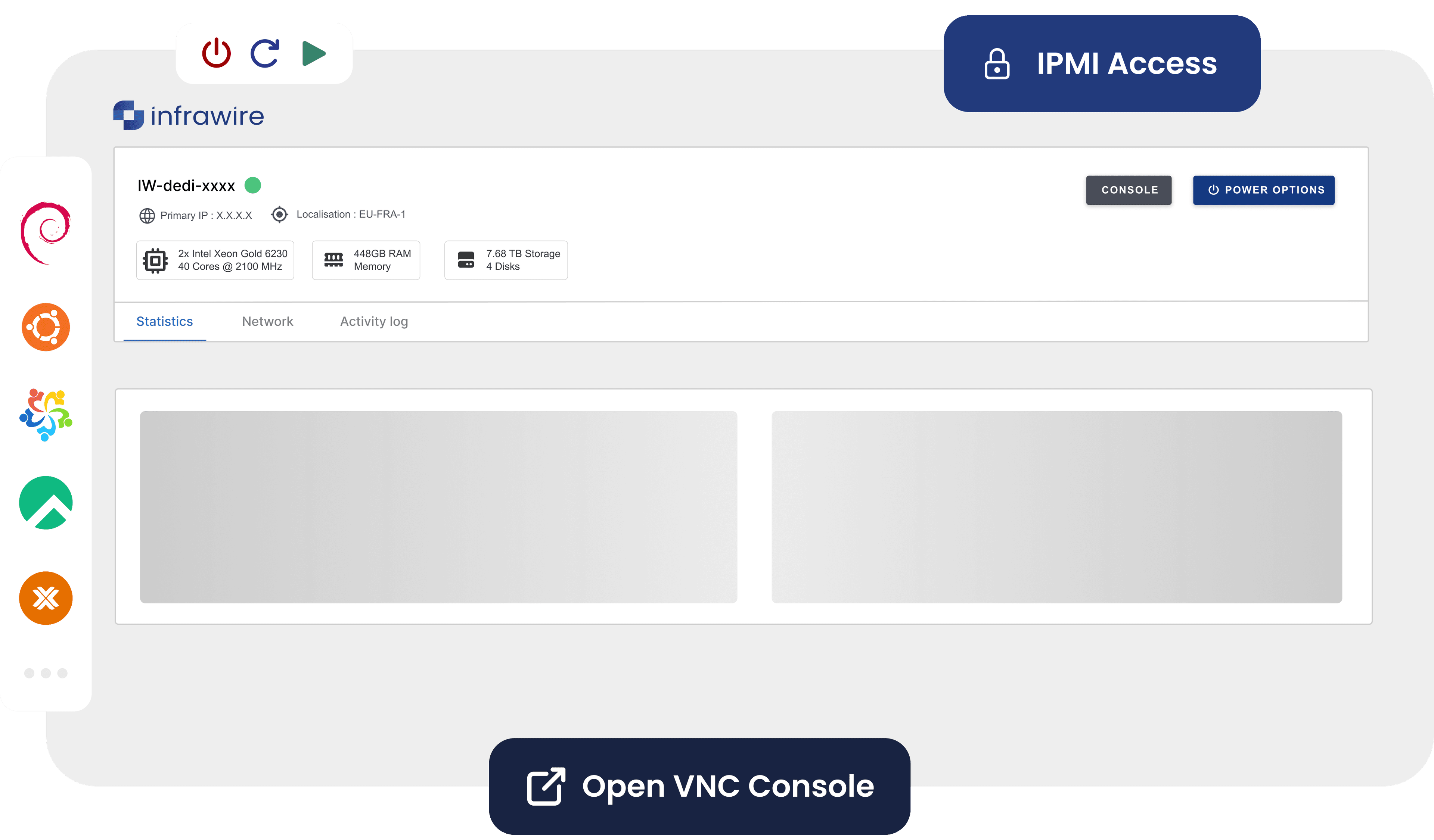 Interface du panel de gestion des serveurs dédiés